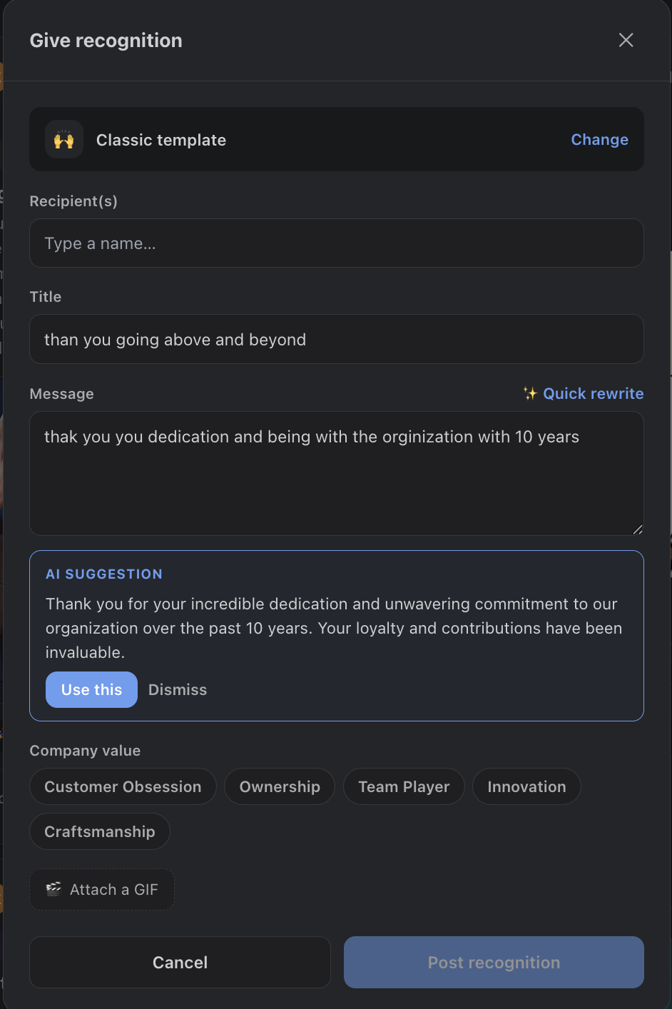 The Quick rewrite suggestion shown beneath the message field with Use this and Dismiss actions